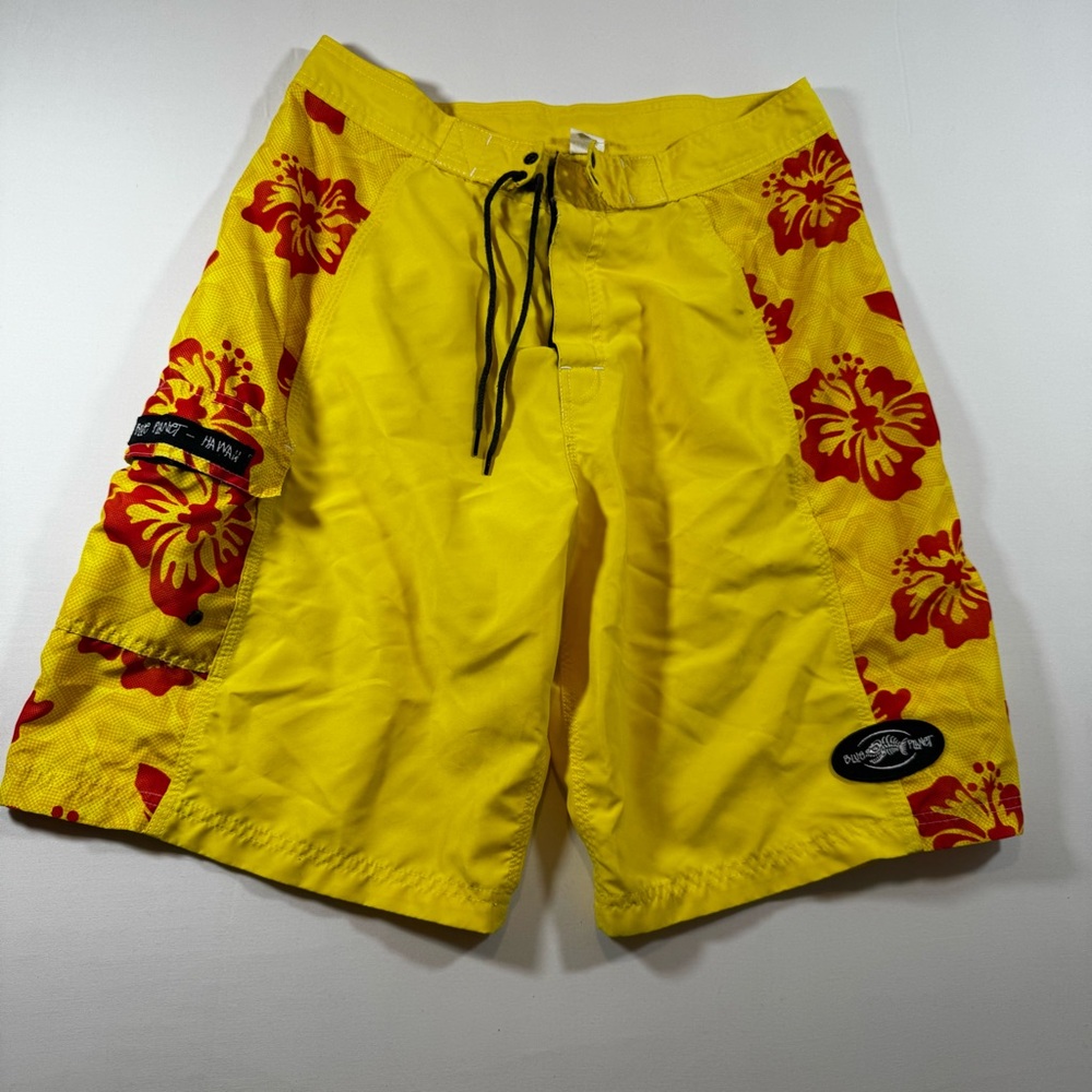 Vtg Blue Planet Board Shorts Swim Surf 34 Yellow Red Hibiscus Made in Hawaii US